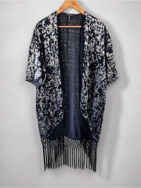 Eileen Fisher burnout velvet kimono duster Fringe cardigan Small 100% Wool Black